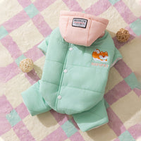 HKM-3428925 Cozy Quilted Pet Jumpsuit for Medium Dogs with Removable Caps in Brown and Mint