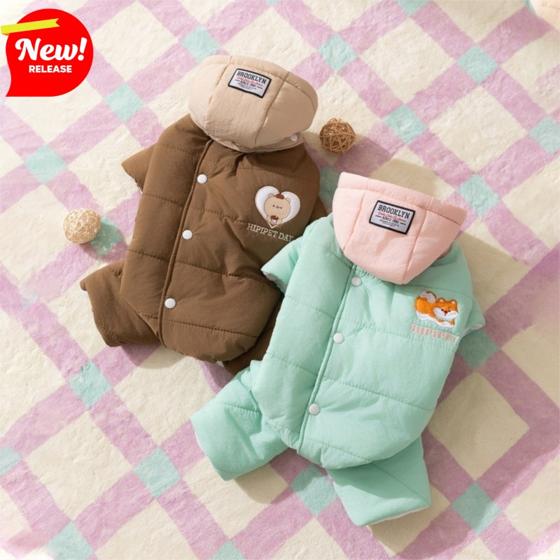 HKM-3428925 Cozy Quilted Pet Jumpsuit for Medium Dogs with Removable Caps in Brown and Mint