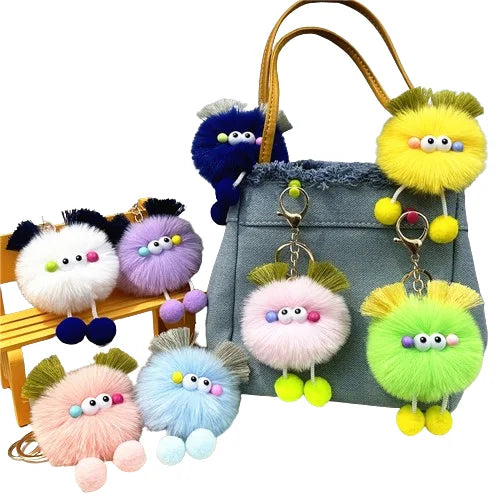 HKM-343123 Cute Cartoon Doll Keychain with Furry Ball Handbag Pendant for Kids and Teens