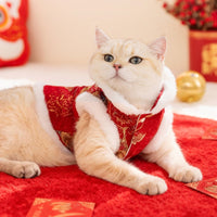 HKM-3434685 Traditional Chinese Knot Pet Vest with Faux Fur Trim for Lunar New Year Celebrations