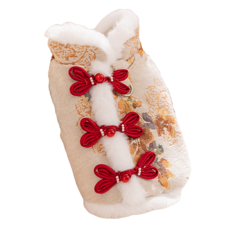 HKM-3434685 Traditional Chinese Knot Pet Vest with Faux Fur Trim for Lunar New Year Celebrations