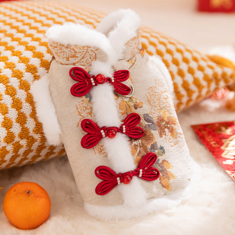 HKM-3434685 Traditional Chinese Knot Pet Vest with Faux Fur Trim for Lunar New Year Celebrations