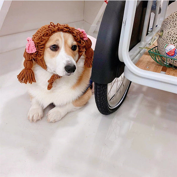 HKM-3434941 Cute Braid Pet Hat for All Seasons with Bow Design in Yellow, Brown, or Gray Options
