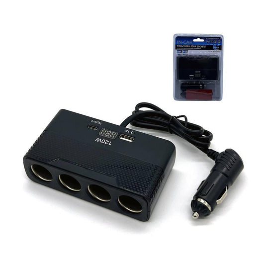 HKM-343507 Portable Digital Car Cigarette Lighter with USB and Type-C Ports, 4 Cigarette Adapter Outlets, and Voltage Display