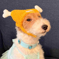 HKM-3435709 Golden Chicken Leg Headband with Tomato Sauce & Simulated Necklace for Pets