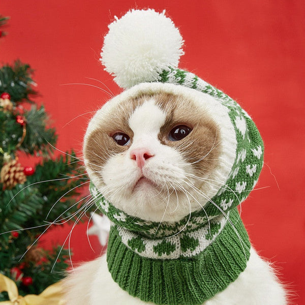HKM-3440061 Warm Knitted Pet Hat with Snowflake Elk Print for Dogs and Cats, Perfect for Christmas and Halloween