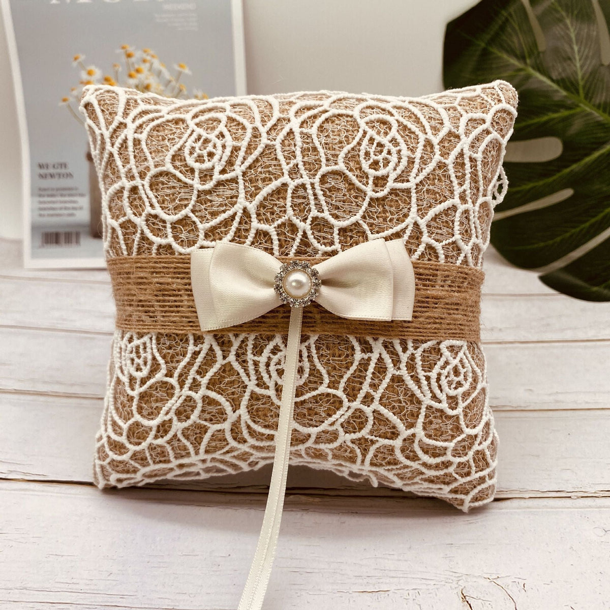 HKM-344339 Pearl Bowknot Ring Pillow Box for Weddings and Engagements in Jute with Lace and Rhinestone Accents