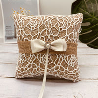 HKM-344339 Pearl Bowknot Ring Pillow Box for Weddings and Engagements in Jute with Lace and Rhinestone Accents