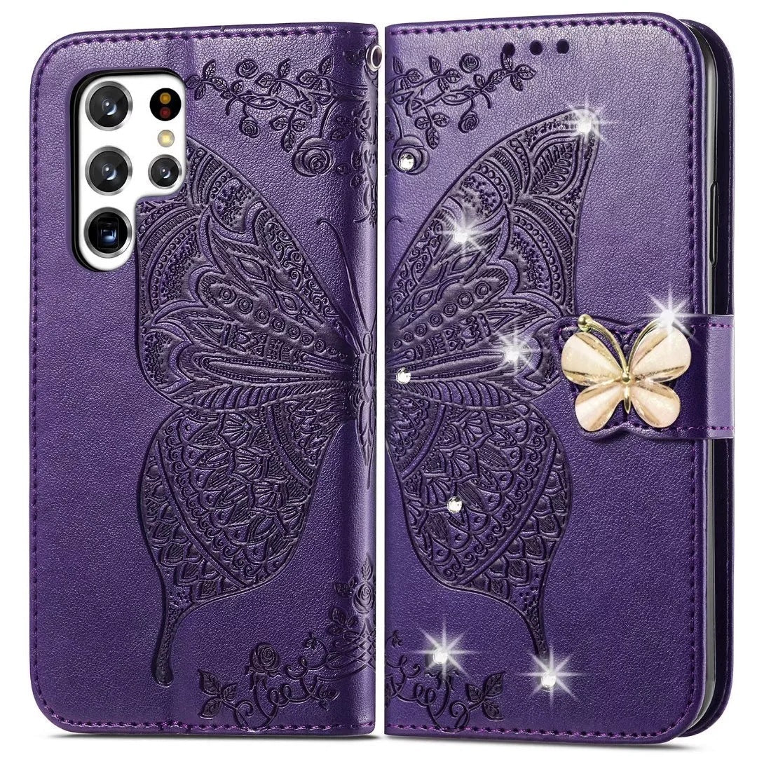 HKM-344531 Diamond-Encrusted Butterfly Embossed Leather Phone Case for Samsung - Shockproof & Magnetic Closure