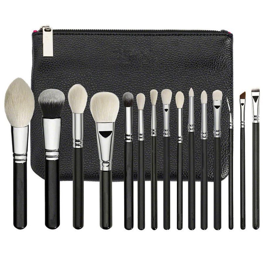 HKM-344659 15-Piece Black Makeup Brush Set with Wooden Handles and Artificial Fiber Bristles