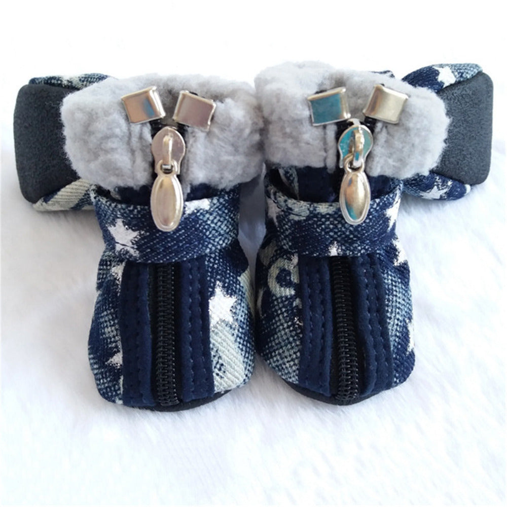 HKM-3448253 Denim Dog Shoes with Anti-Slip Leather and Cotton – White Stars & Pink Stars in Sizes 1-5