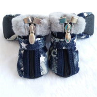 HKM-3448253 Denim Dog Shoes with Anti-Slip Leather and Cotton – White Stars & Pink Stars in Sizes 1-5