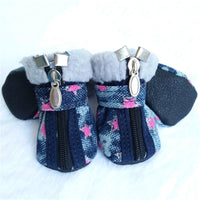 HKM-3448253 Denim Dog Shoes with Anti-Slip Leather and Cotton – White Stars & Pink Stars in Sizes 1-5