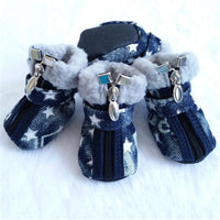 HKM-3448253 Denim Dog Shoes with Anti-Slip Leather and Cotton – White Stars & Pink Stars in Sizes 1-5