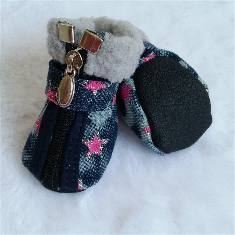HKM-3448253 Denim Dog Shoes with Anti-Slip Leather and Cotton – White Stars & Pink Stars in Sizes 1-5