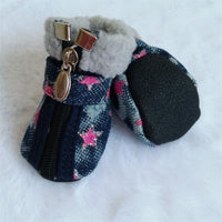 HKM-3448253 Denim Dog Shoes with Anti-Slip Leather and Cotton – White Stars & Pink Stars in Sizes 1-5