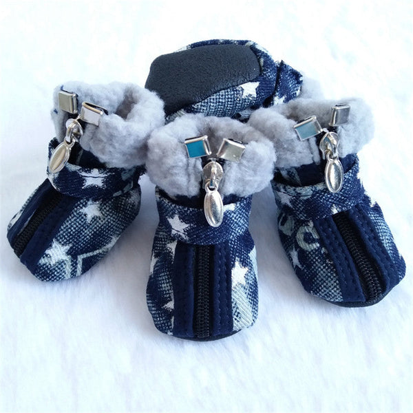 HKM-3448253 Denim Dog Shoes with Anti-Slip Leather and Cotton – White Stars & Pink Stars in Sizes 1-5