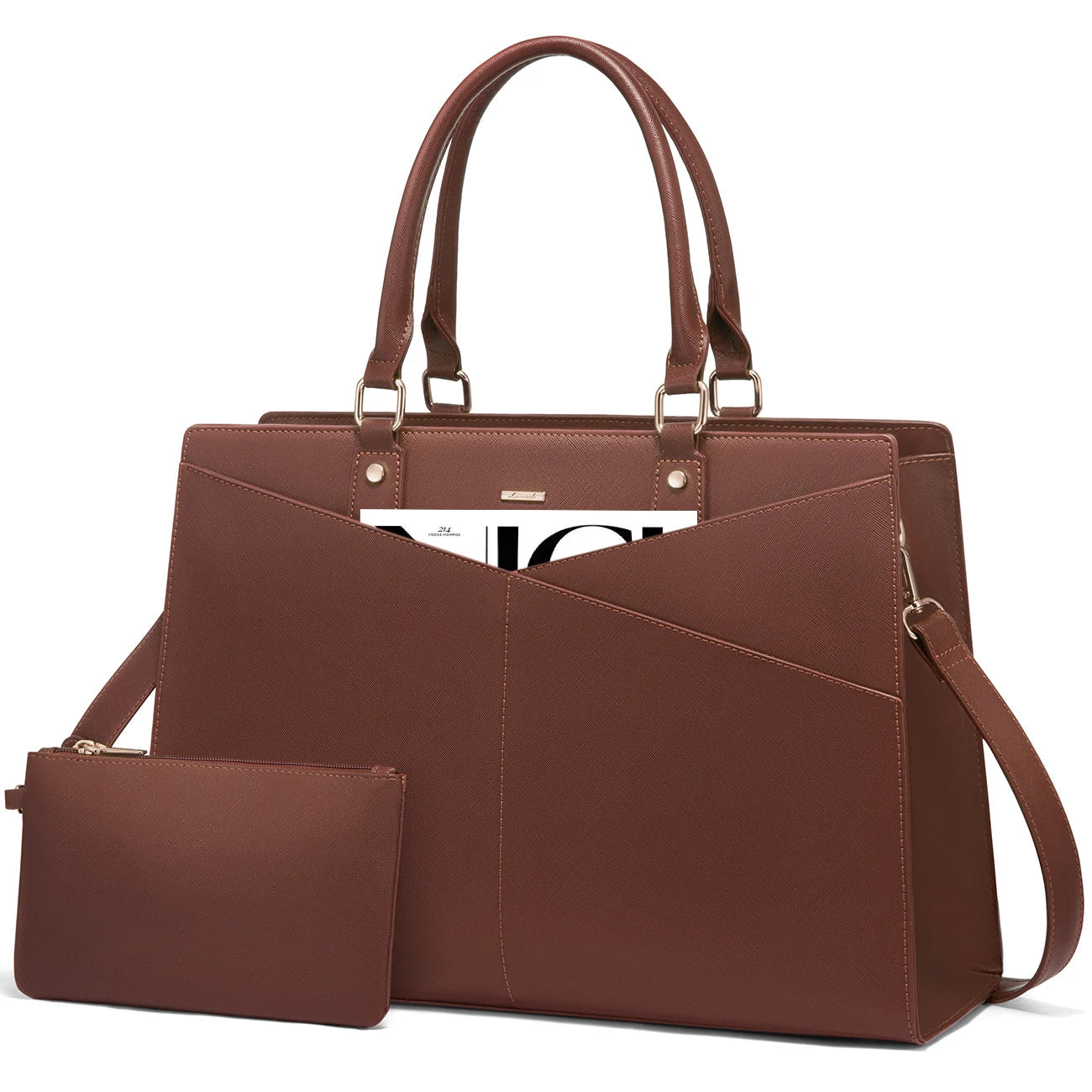 HKM-344979 Large PU Leather Work Tote Bag Set for Women, Dual Computer Briefcase and Shoulder Bag, Fits 15.6-Inch Laptops