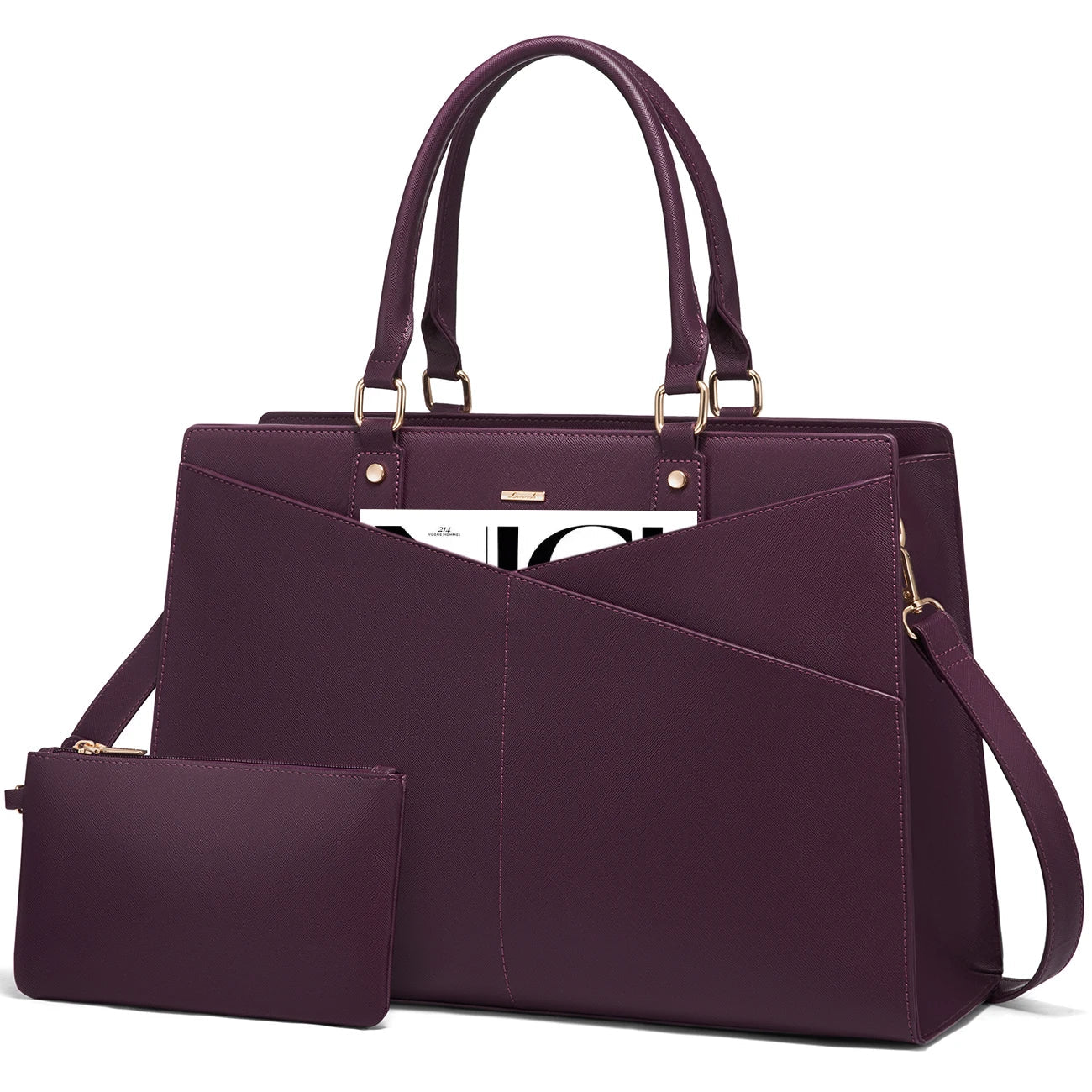 HKM-344979 Large PU Leather Work Tote Bag Set for Women, Dual Computer Briefcase and Shoulder Bag, Fits 15.6-Inch Laptops