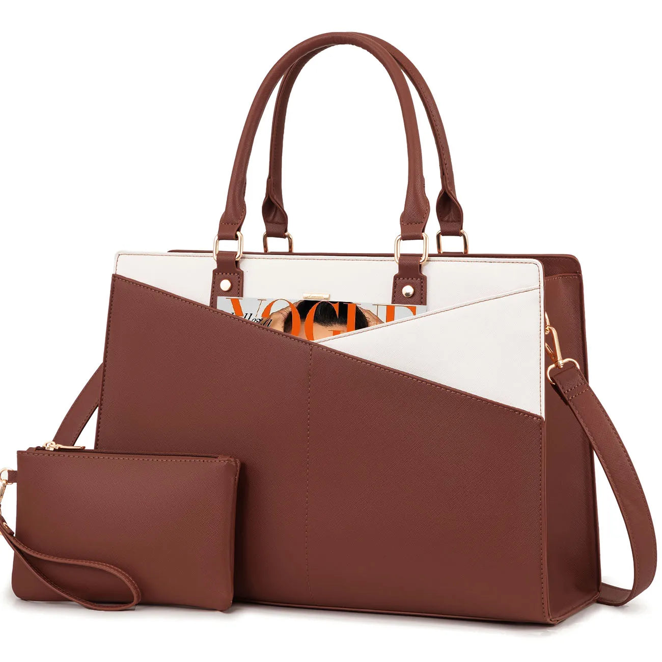 HKM-344979 Large PU Leather Work Tote Bag Set for Women, Dual Computer Briefcase and Shoulder Bag, Fits 15.6-Inch Laptops