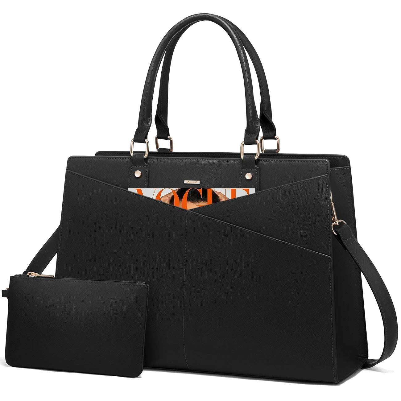 HKM-344979 Large PU Leather Work Tote Bag Set for Women, Dual Computer Briefcase and Shoulder Bag, Fits 15.6-Inch Laptops