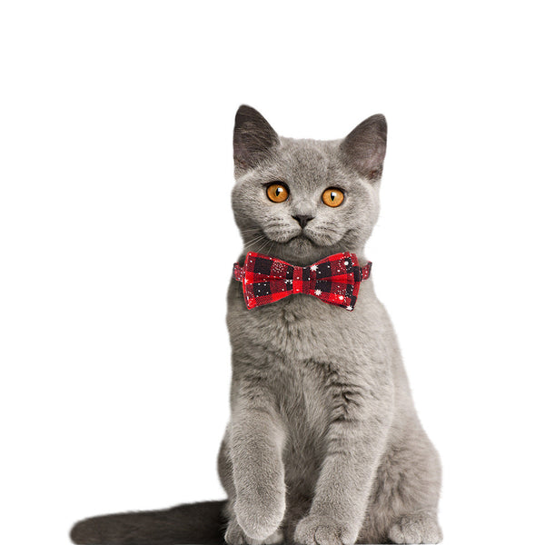 HKM-3453373 Festive Christmas Cat Collar with Detachable Buffalo Plaid Bowtie - Soft and Flexible Design