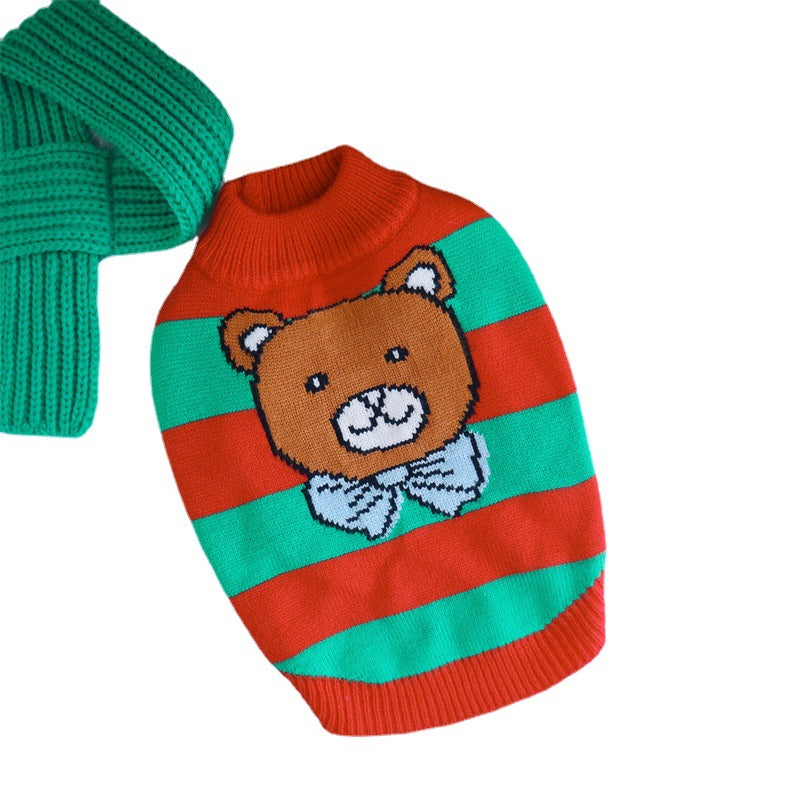 HKM-3455165 Cozy Christmas Knitted Sweater for Dogs with Beret and Scarves - Red and Green Stripes