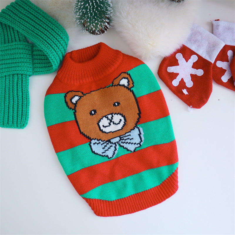 HKM-3455165 Cozy Christmas Knitted Sweater for Dogs with Beret and Scarves - Red and Green Stripes