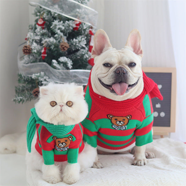 HKM-3455165 Cozy Christmas Knitted Sweater for Dogs with Beret and Scarves - Red and Green Stripes