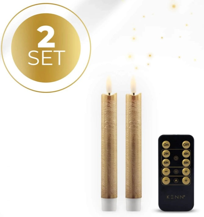 HKM-345555 Gold 3D Flame LED Taper Candle - 2.2 cm Diameter, 18 cm Height