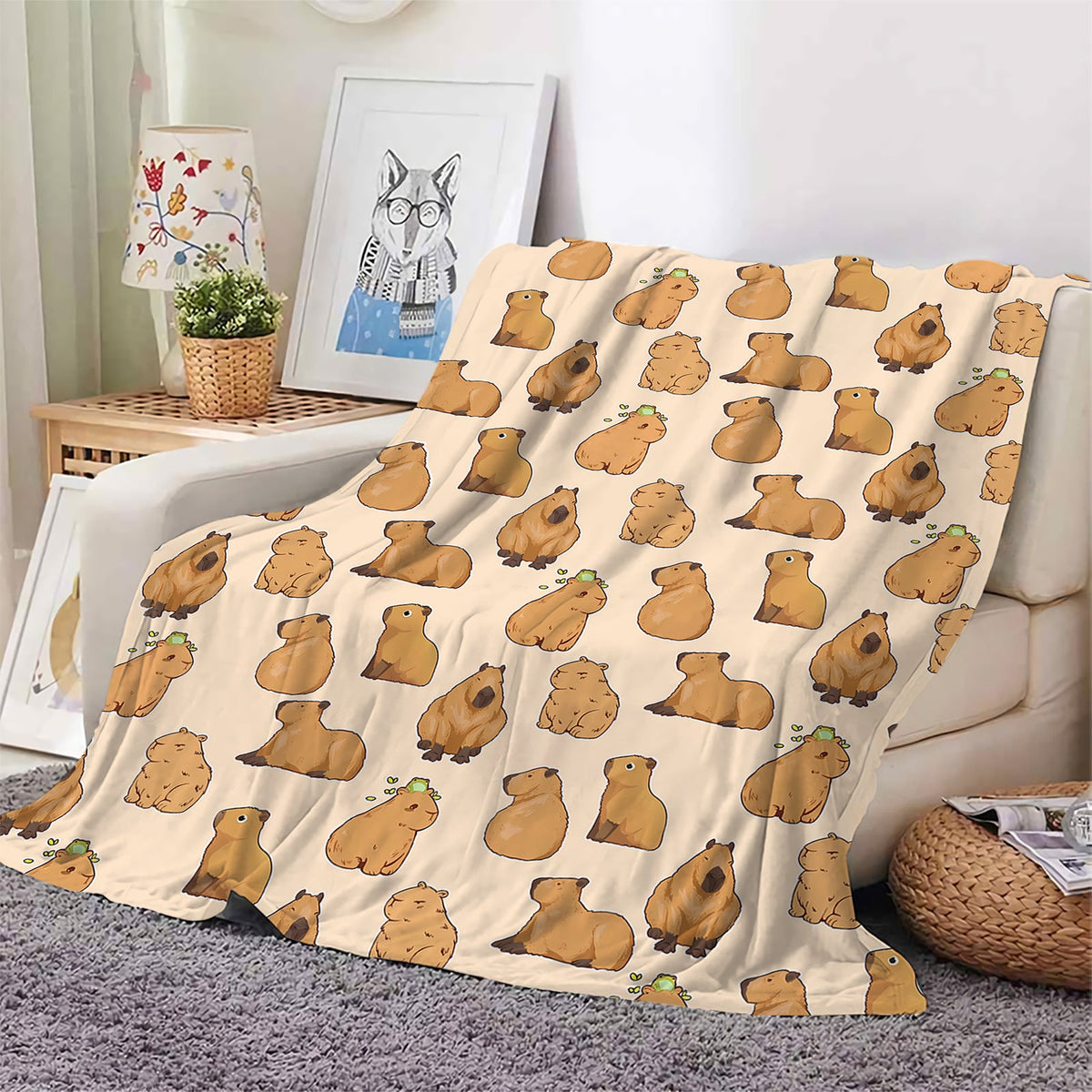 HKM-346067 Capybara Heart-Shaped 3D Printed Flannel Blanket - Available in Multiple Sizes