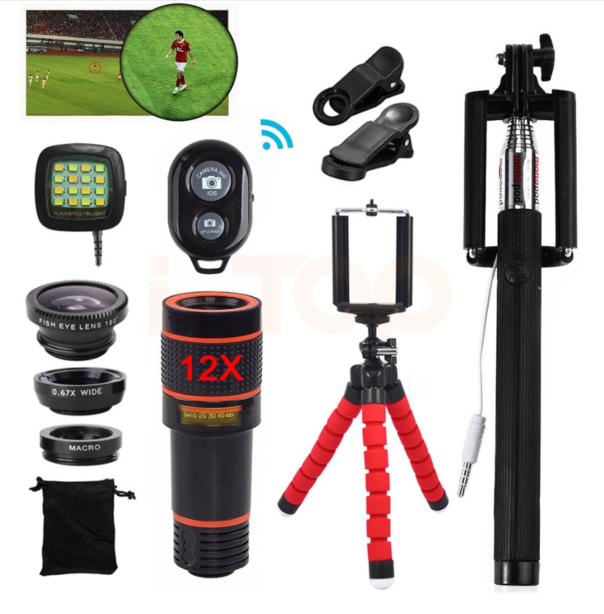 HKM-346323 12-in-1 Smartphone Camera Lens Kit with 8X Zoom, Tripod, and Monopod