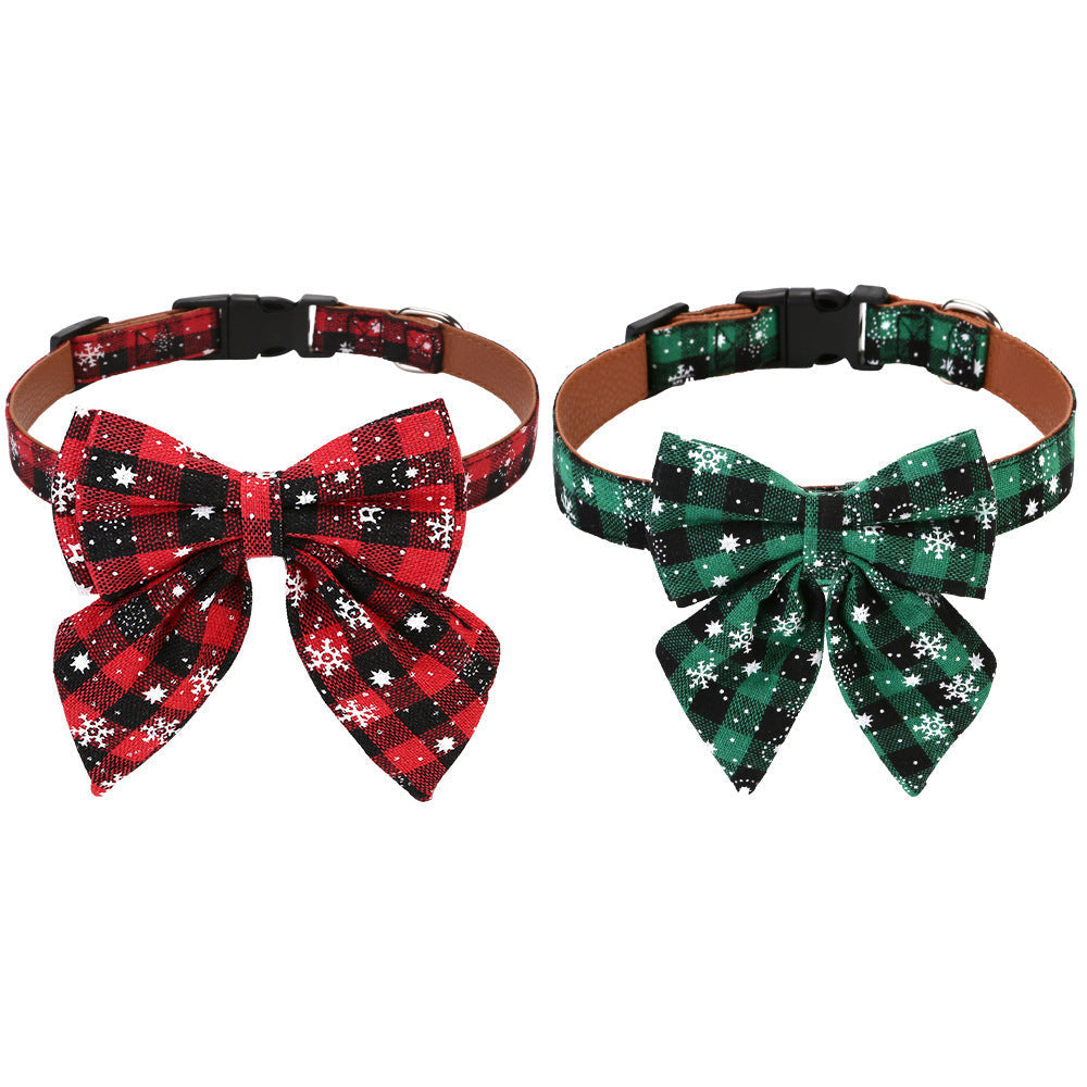HKM-3464893 Christmas Plaid Bow Tie Dog Collar - Adjustable Red & Green Patterns in Various Sizes