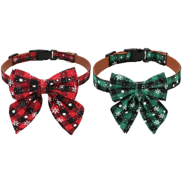 HKM-3464893 Christmas Plaid Bow Tie Dog Collar - Adjustable Red & Green Patterns in Various Sizes