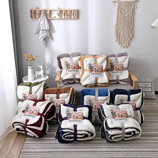 HKM-346579 Double Layer Lamb Wool Blanket - Glossy Flannel & Soft Velvet, Simple Modern Design