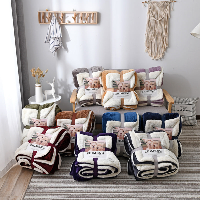 HKM-346579 Double Layer Lamb Wool Blanket - Glossy Flannel & Soft Velvet, Simple Modern Design