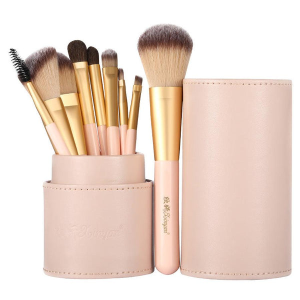HKM-346963 9-Piece Cosmetic Brush Set with Small Horse Hair Brushes in Portable Barrel Bag