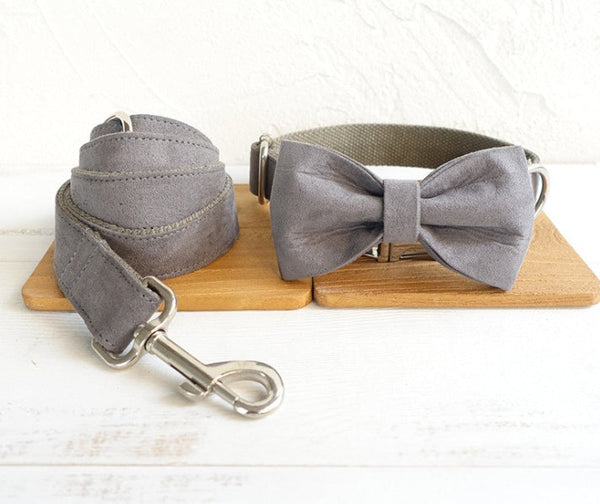 HKM-3470653 Stylish Grey Velvet Dog Bow Tie Traction Suit Set - Scalable Sizes XS to XL