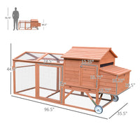 HKM-3472317 Natural Wood Portable Chicken Coop with Nesting Box and Wheels - 96.5" Poultry Cage for Backyard Use