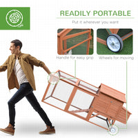 HKM-3472317 Natural Wood Portable Chicken Coop with Nesting Box and Wheels - 96.5" Poultry Cage for Backyard Use