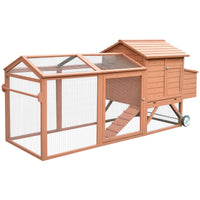 HKM-3472317 Natural Wood Portable Chicken Coop with Nesting Box and Wheels - 96.5" Poultry Cage for Backyard Use