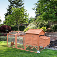 HKM-3472317 Natural Wood Portable Chicken Coop with Nesting Box and Wheels - 96.5" Poultry Cage for Backyard Use