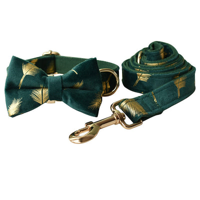 HKM-3472445 Emerald Feather Pattern Pet Collar, Bow, and Leash Set in Cotton