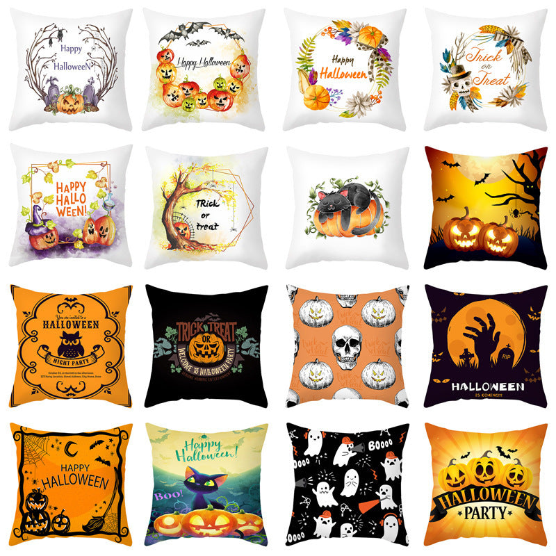 HKM-348115 Halloween Pumpkin Letter Fleece Cushion Cover 45x45cm Geometric Design with PP Cotton Fill