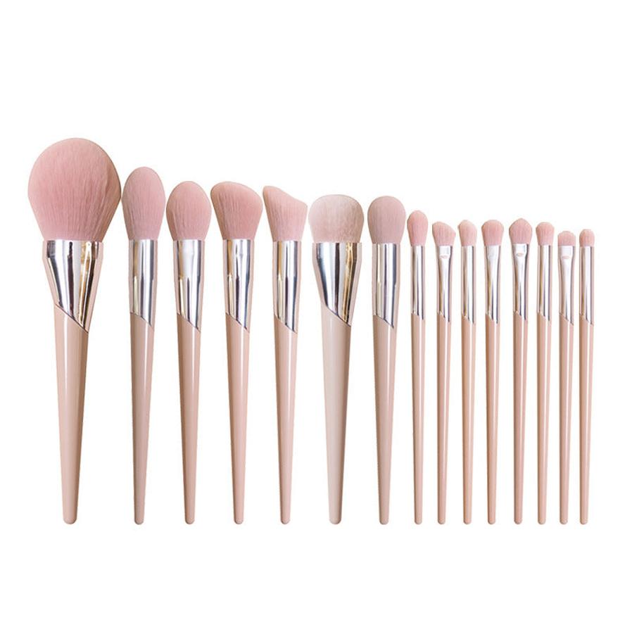 HKM-348115 Nude Pink Makeup Brush Set with 15 Essential Tools for Flawless Application