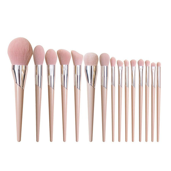 HKM-348115 Nude Pink Makeup Brush Set with 15 Essential Tools for Flawless Application