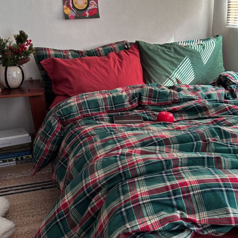 HKM-348691 Nordic Simple Plaid Cotton Four-Piece Bed Linen Set in Washed Cotton