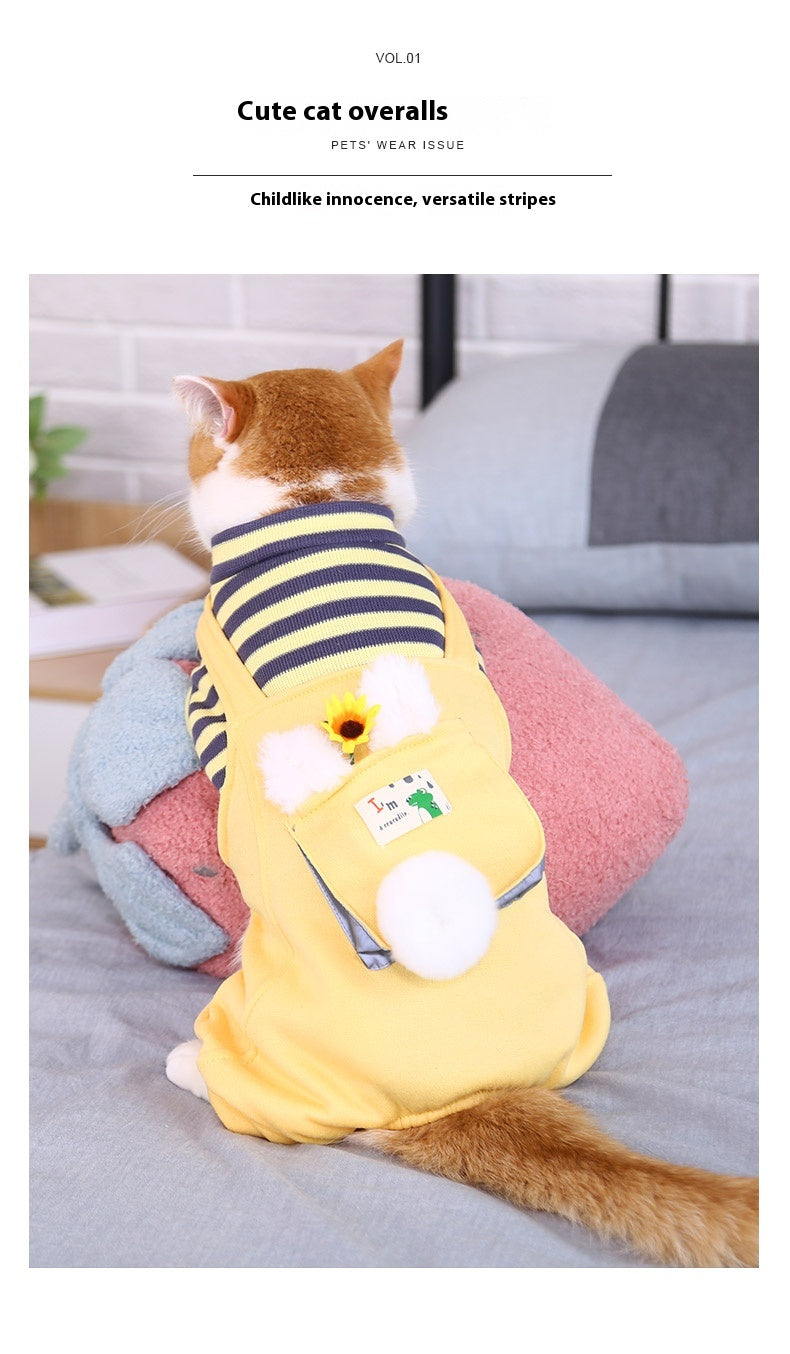 HKM-3488317 Warm and Cute Cat Overalls in Yellow and Green for Small Pets, Anti-Lint Polyester Fabric