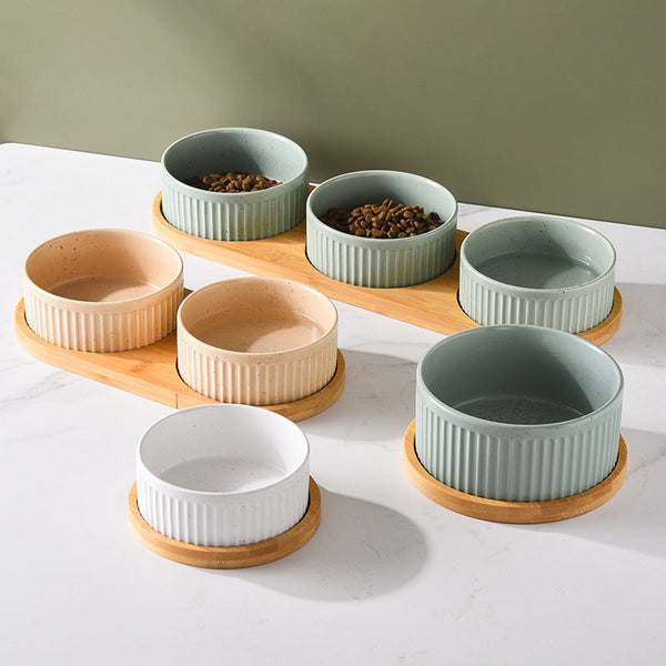 HKM-3490109 Ceramic Dog Food Bowl Set in Multiple Sizes with Coordinating Trays