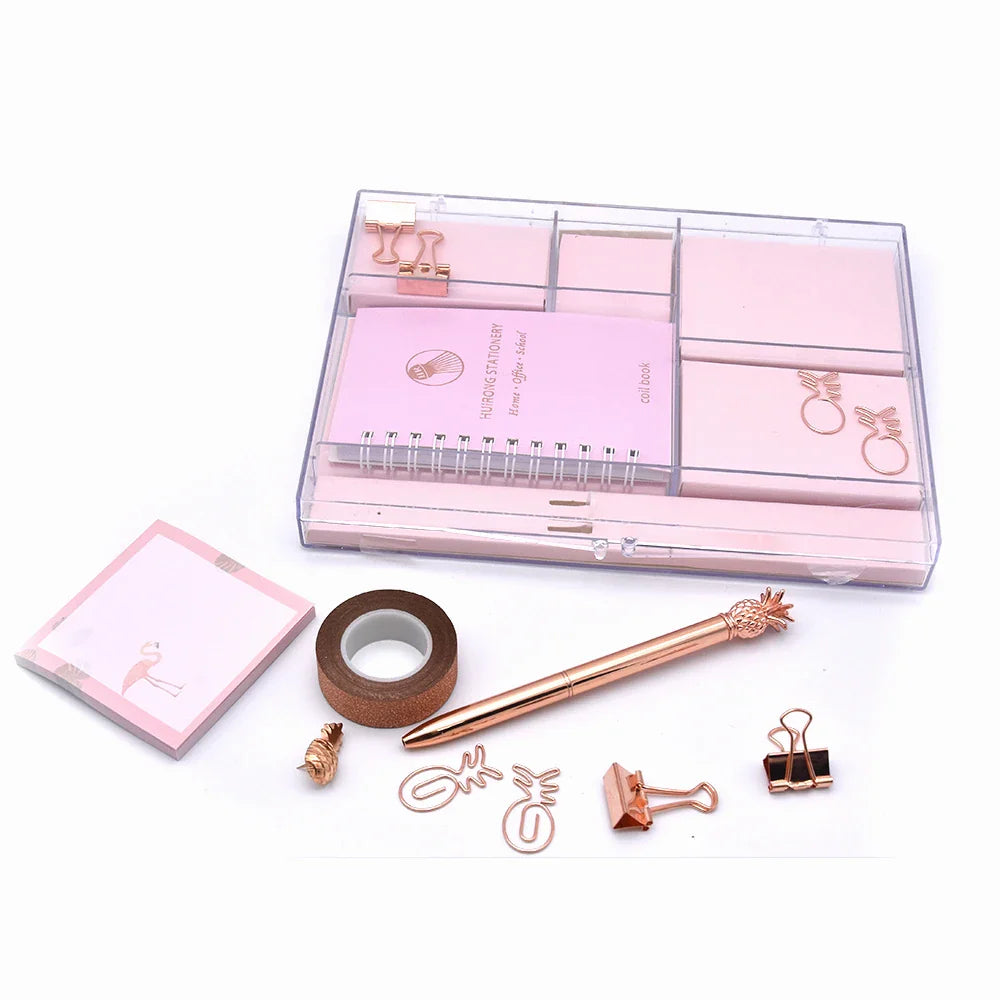HKM-349011 Kids Stationery Set with Binder Clips, Notepad, Tape, and Paper Clips in Pink and Blue